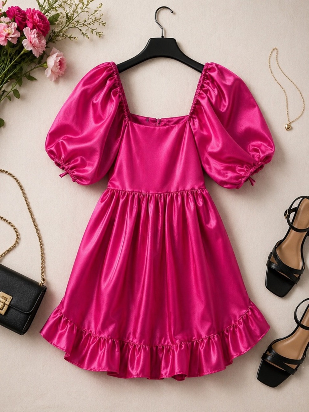 Ivy City Co. Hot Pink Satin Dress 13/14T | Puff Sleeve Party Holiday Dress